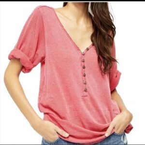We The Free Free People Red Henley Tunic Top Button Front Slouchy Large